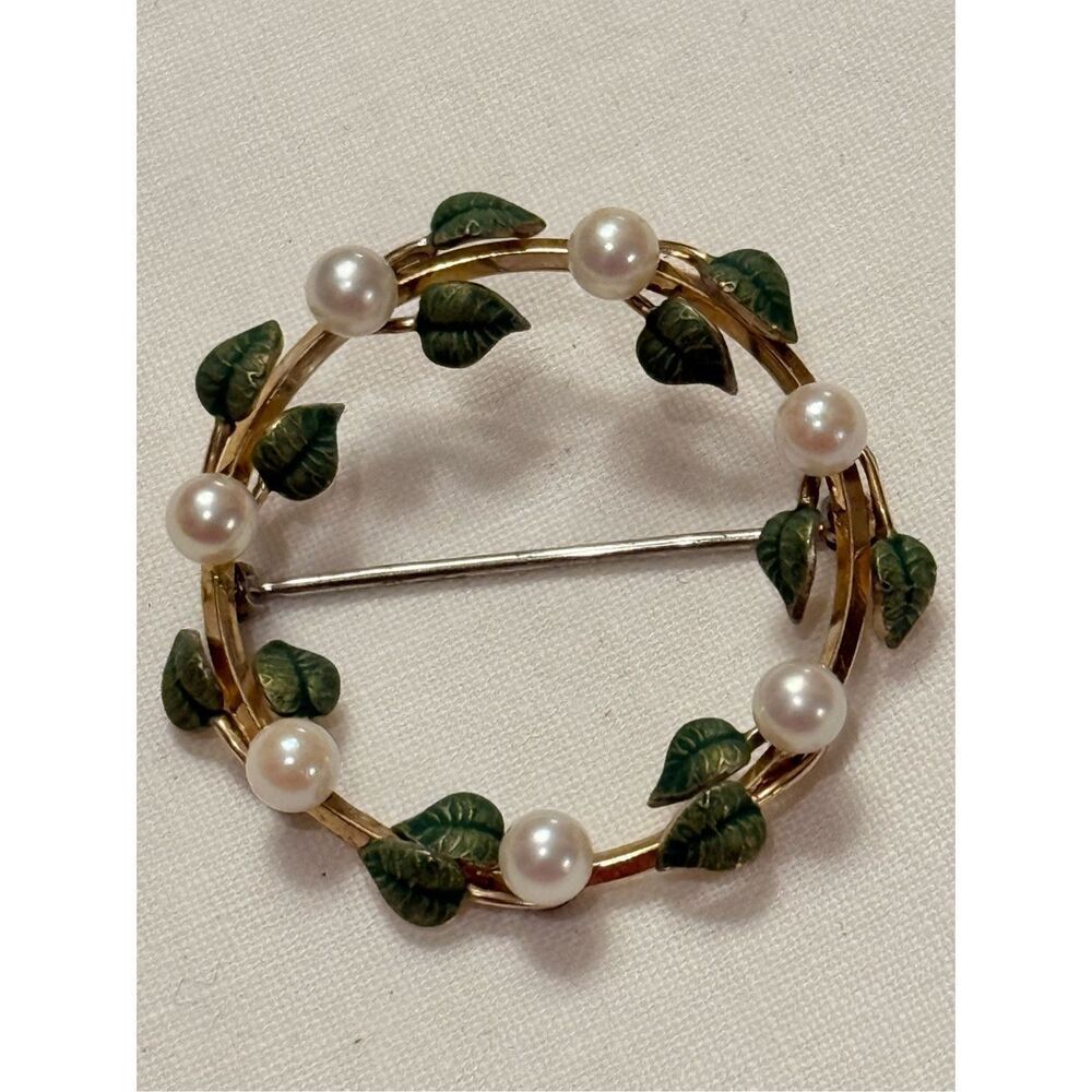 Vintage Krementz Wreath Pearl Green Leaf Gold Fill Brooch